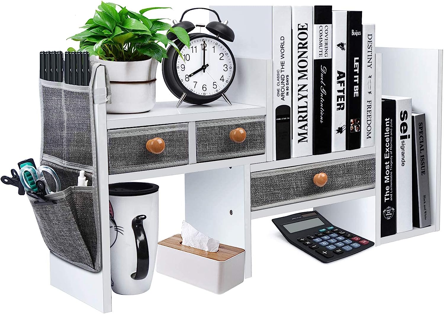 230527220725340_1 X-cosrack Wood Expandable Desktop Bookshelf Counter Bookcase Adjustable with Drawers Desktop Shelves Rack Storage Organizer for Office Supplies,Makeup,White.Petent Pending - Image 1